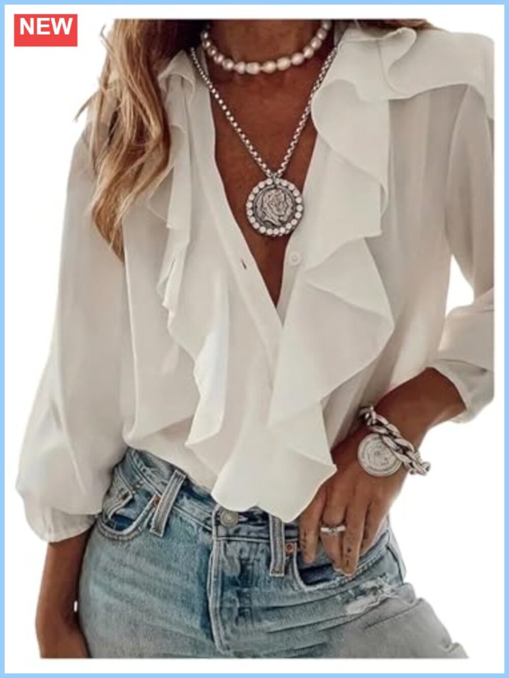 Women's Ruffled Button-Down Blouse V-Neck 3/4 Sleeve Business Casual Top